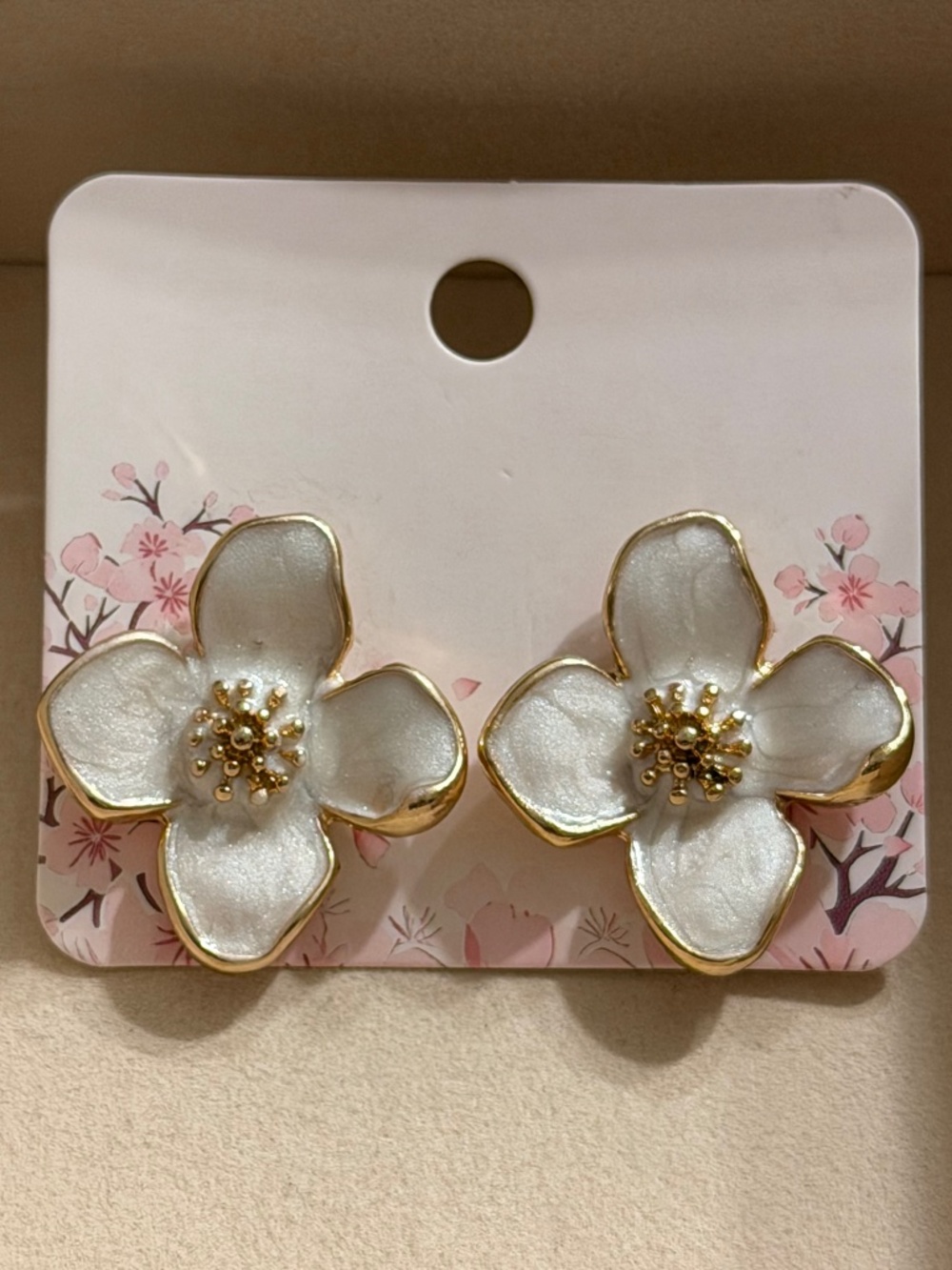 Golden Ivory White 4-Petal Flower Oil Dripping Enamel Stud Earrings